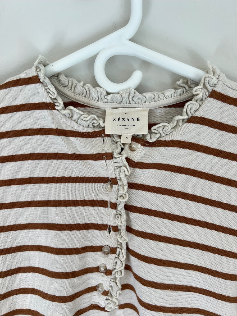 Sézane Cream and Brown Striped Ruffle-Trim Top